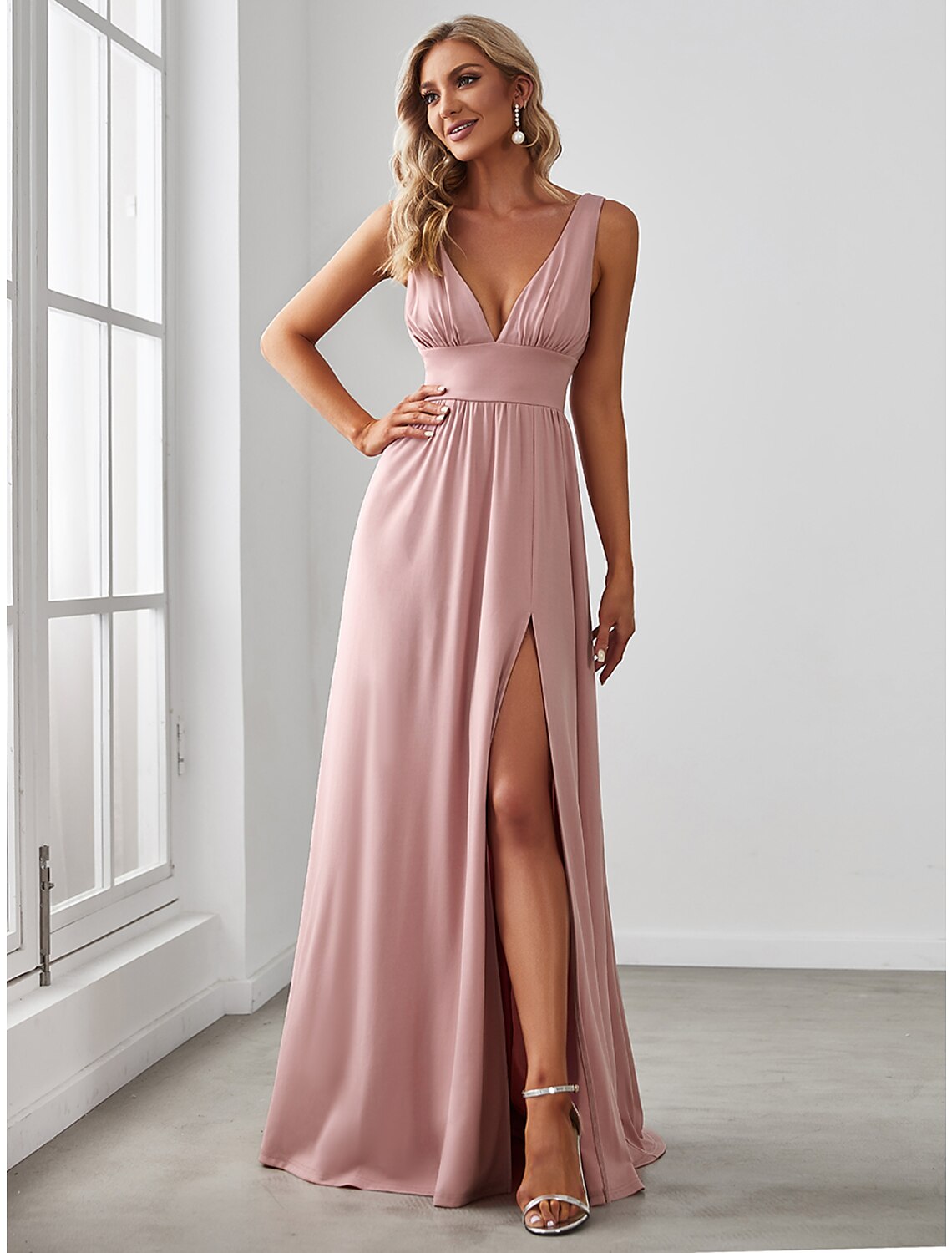 Wholesale  A-Line Prom Dresses High Split Dress Wedding Guest Formal Evening Floor Length Sleeveless V Neck Bridesmaid Dress Chiffon V Back with Slit